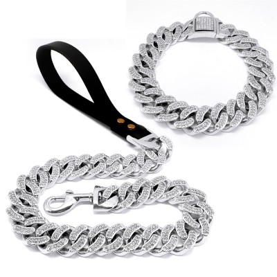 32mm Stainless steel chunky dog cuban chain plated 18k silver  diamond pet collar & Leash