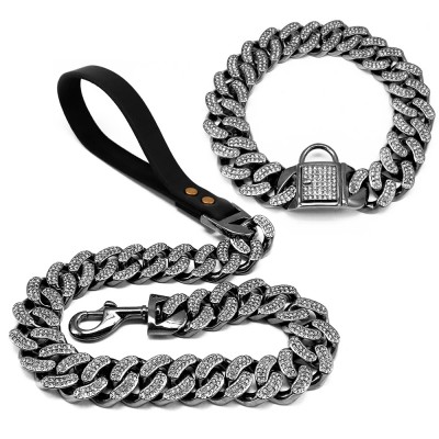 Stainless steel diamond dog collar bling dog chain collars gold steel